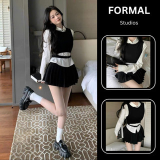 Set 3 món áo sơ mi trắng dài tay kèm chân váy xếp li (có quần trong) và áo gile siêu hot hit F159