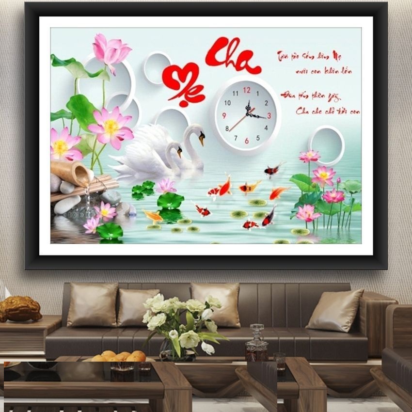 Tranh thêu đồng hồ cha mẹ KT:65x45cm, tranh chưa thêu và chưa khung