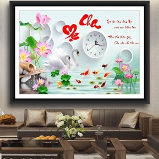 Tranh thêu đồng hồ cha mẹ KT:65x45cm, tranh chưa thêu và chưa khung
