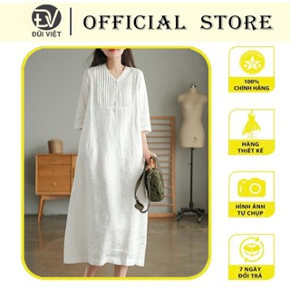 Đầm Linen nữ màu trắng đơn giản dễ mặc, đầm maxi đũi đi biển