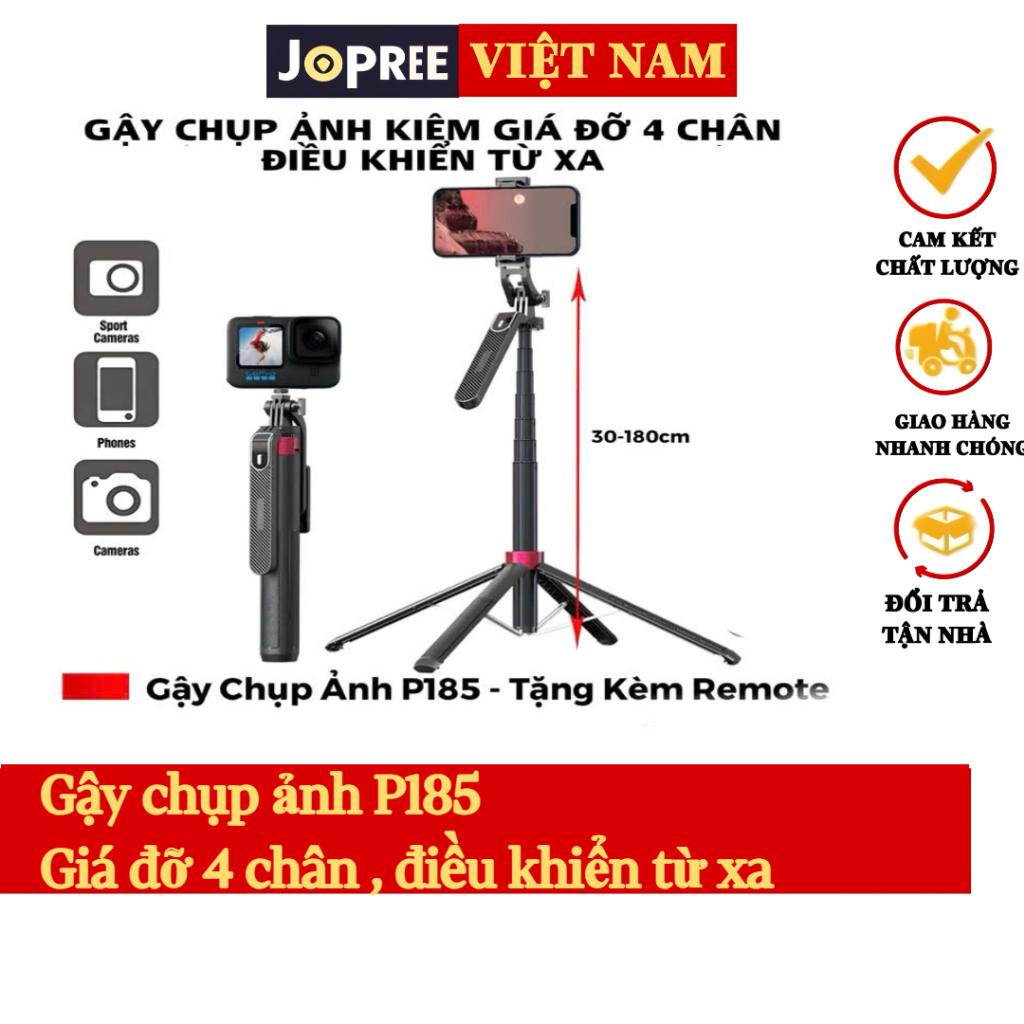 GẬY P185 CHỤP ẢNH SELFIE 4 CHÂN, CHỤP HÌNH CẦM TAY CAO 30CM - 180CM,