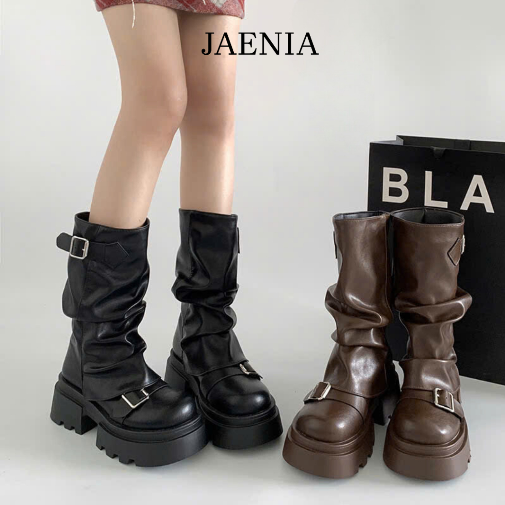 Giày bốt nữ boot đế dày cao gót 7cm da nâu đen trơn cao cấp phối kim loại phong cách cá tính