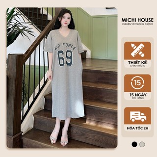 Đầm Thun In Hình MICHI House Váy Xuông Cổ V Dáng Dài Bigsize Freesize K156