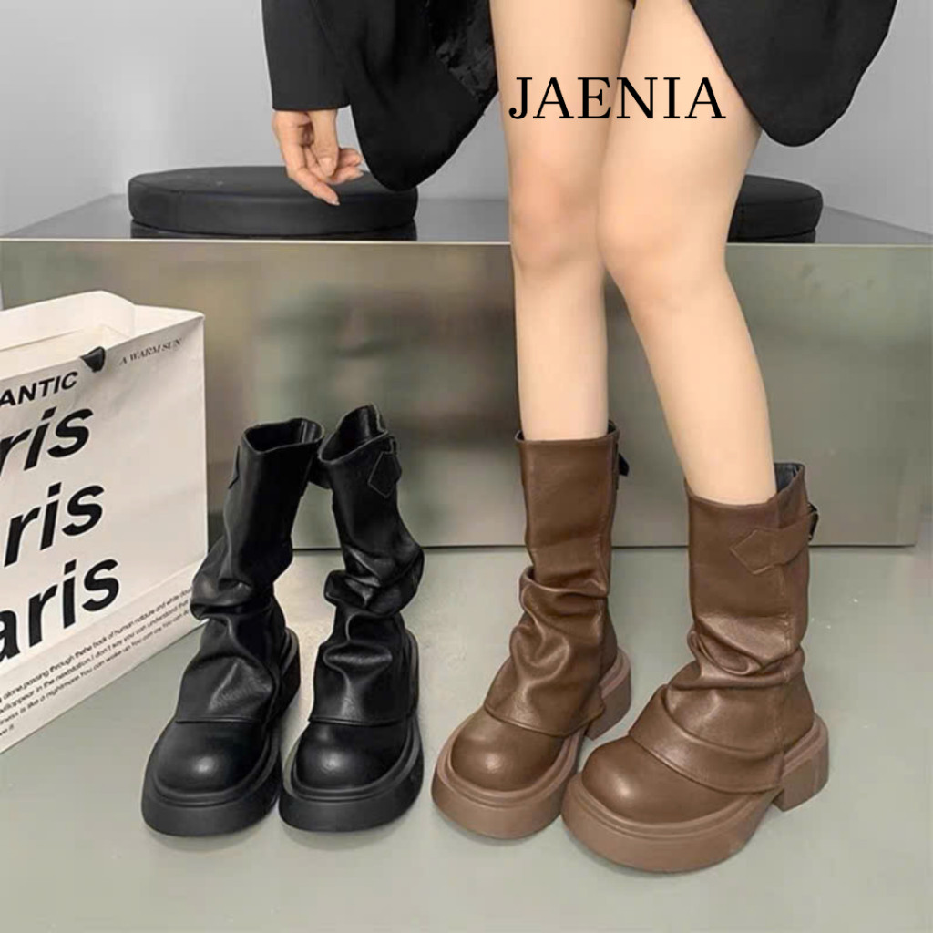 Giày bốt nữ Boot đế dày cao gót màu nâu đen 5cm cổ cao 25cm da trơn cao cấp phối kim loại phong cách cá tính