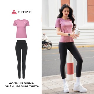 Bộ đồ tập gym yoga Fitme áo thun thể thao Sigma Hồng Đất, Quần legging dài Theta đen