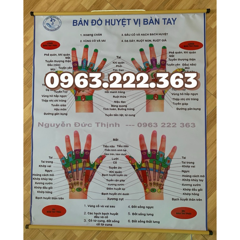 Tranh bản đồ huyệt vị bàn tay, huyệt phản xạ cơ thể người 80x100cm —Sản Phẩm Có Sẵn Dây treo