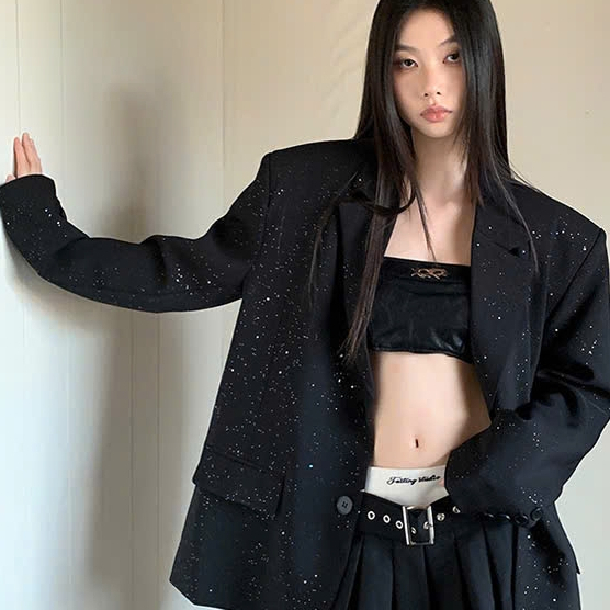 EA016 Áo Blazer phong cách Hàn Quốc đính sequin lấp lánh sang trọng có đệm vai đứng form