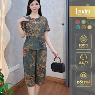 Bộ đồ lụa trung niên mặc nhà cho mẹ Loudra Fashion cổ trụ đính cúc tay ngắn quần lửng B41