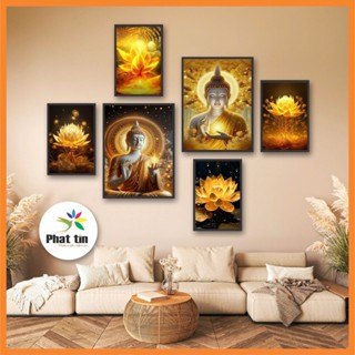 Bộ 6 bức tranh phật, hoa sen, tranh dán tường chất liệu formex nhẹ dày 5mm, có sẵn keo dán, trang trí decor phòng thờ.