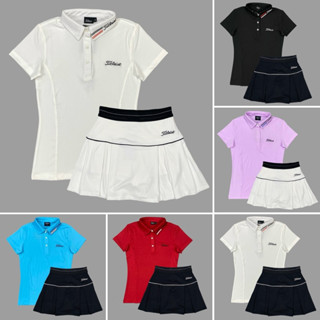 Bộ Váy Pickleball, Cầu Lông, Tennis, Golf BVTL04, Bộ Váy Áo Cổ Trụ Tileist Vải Thun Xịn Đẹp Logo Thêu (Váy Có Túi)