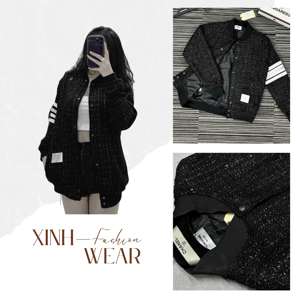 Áo khoác vải dạ đan kim tuyến thêu 4 sọc trắng tay XINHWEAR, áo khoác bomber kim tuyến Thome Br hot 