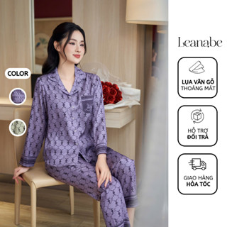 Bộ Ngủ Pyjama Nữ Lụa Vân Gỗ Cao Cấp Áo Tay Dài Quần Dài, Bộ Mặc Nhà Nữ Thu Đông Lụa Dài Tay Leanabe Homewear 24V12