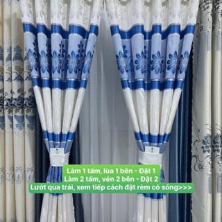 Gấm Hoa Văn Màu Xanh Hoa phối Trắng - Giá Của 1 Tấm Rèm Căng Thẳng (Chưa Bao Gồm Thanh Treo) Cản nắng cản sáng 70%