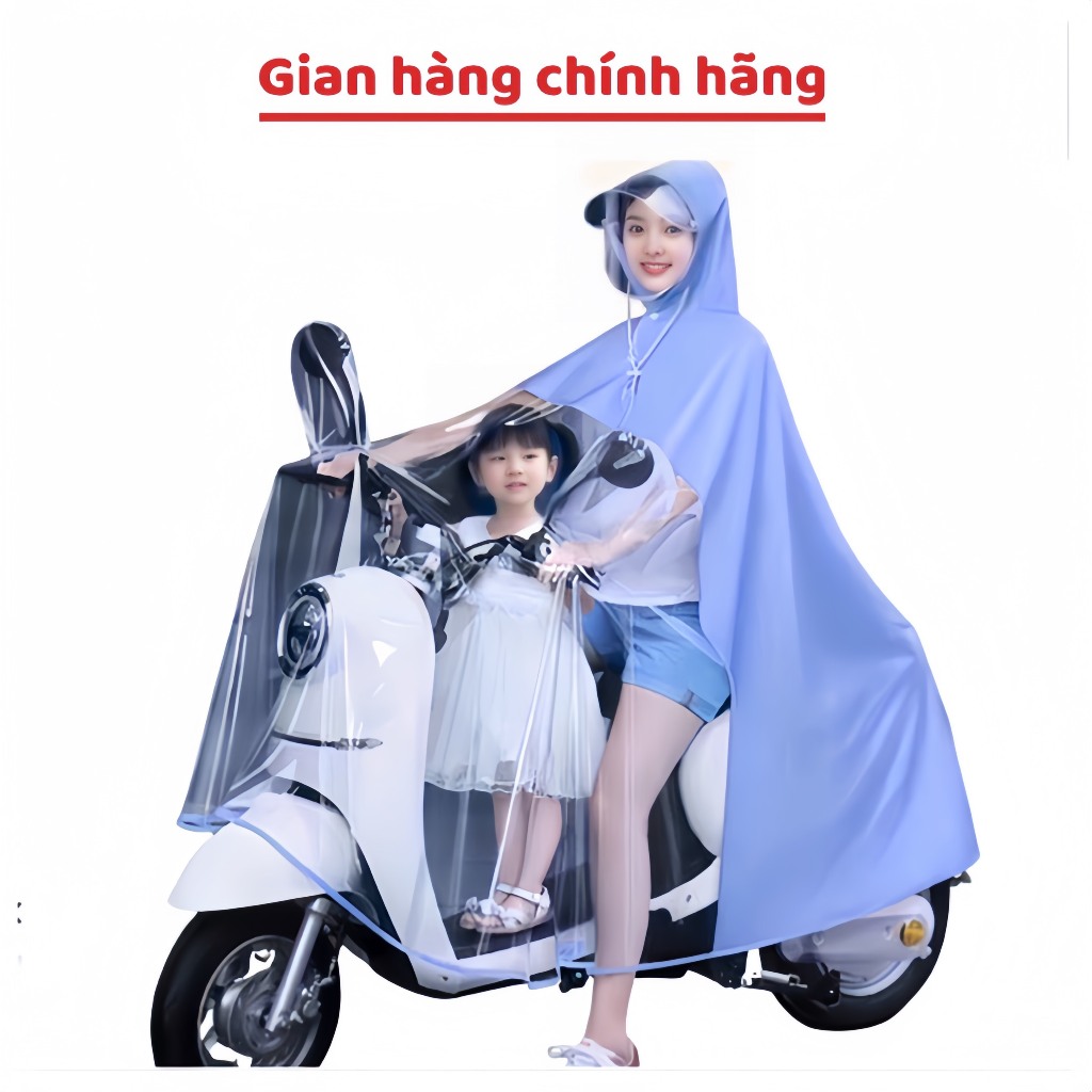 Áo mưa trong suốt GOLDSUN cho mẹ và bé kích thước lớn nửa trước trong suốt che phủ toàn thân kèm kính chắn [HÀNG TỐT]