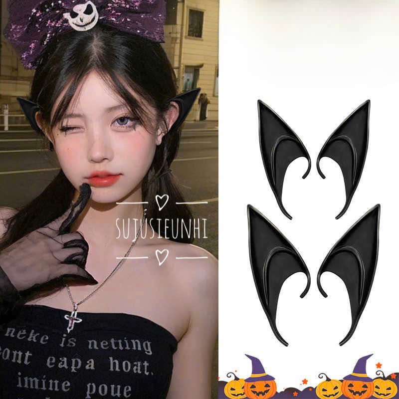 1 đôi tai giả elf loại cài màu đen, đỏ cosplay yêu tinh ma, tinh linh goblin phụ kiện hoá trang halloween