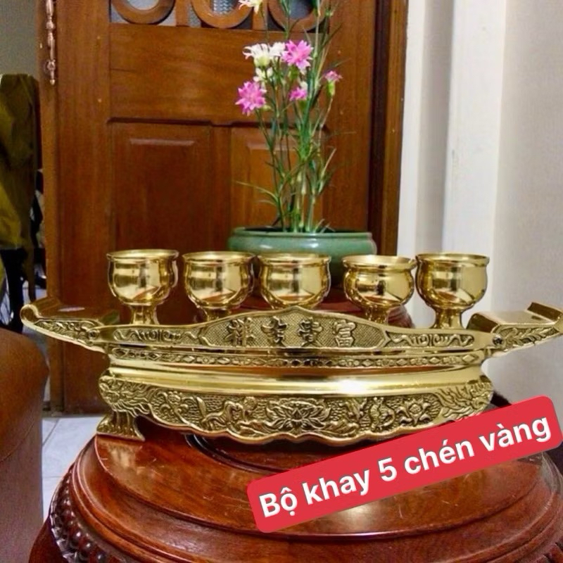 Bộ khay nước đồng thờ cúng 5ly bộ chung nước đồng thờ cúng ly trơn