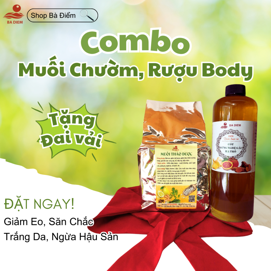 Combo Muối Chườm Thảo Dược + Rượu Gừng Nghệ Gấc Body, Muối Chườm Thảo Dược Giảm Eo Sau Sinh