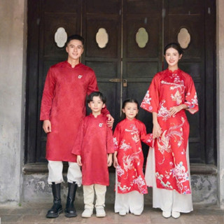 Áo Dài Thiết Kế Gia Đình H&H Áo Dài Cách Tân Tết Truyền Thống Màu Đỏ Họa Tiết Thêu Tay Và In 3D Tỉ Mỉ Vải Gấm Cao Cấp