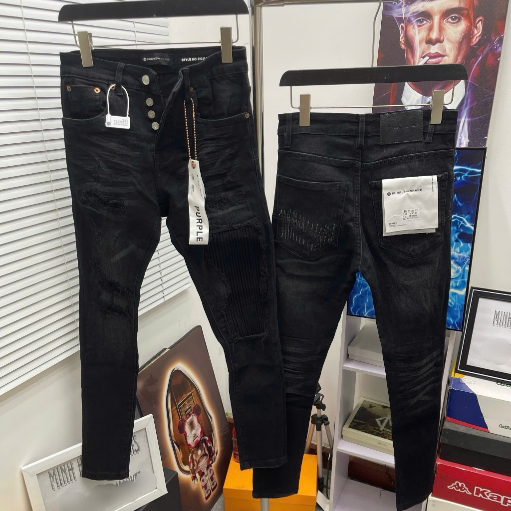 Quần jean bò nam Purple skinny đen mài cào xước rách vá vải nhăn dọc đùi nhăn 3D 4 cúc boy phố