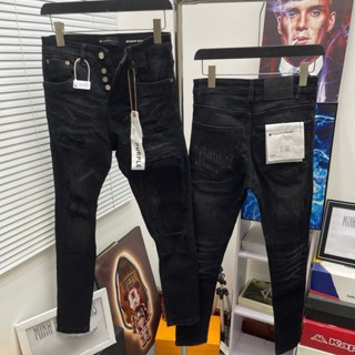 Quần jean bò nam Purple skinny đen mài cào xước rách vá vải nhăn dọc đùi nhăn 3D 4 cúc boy phố