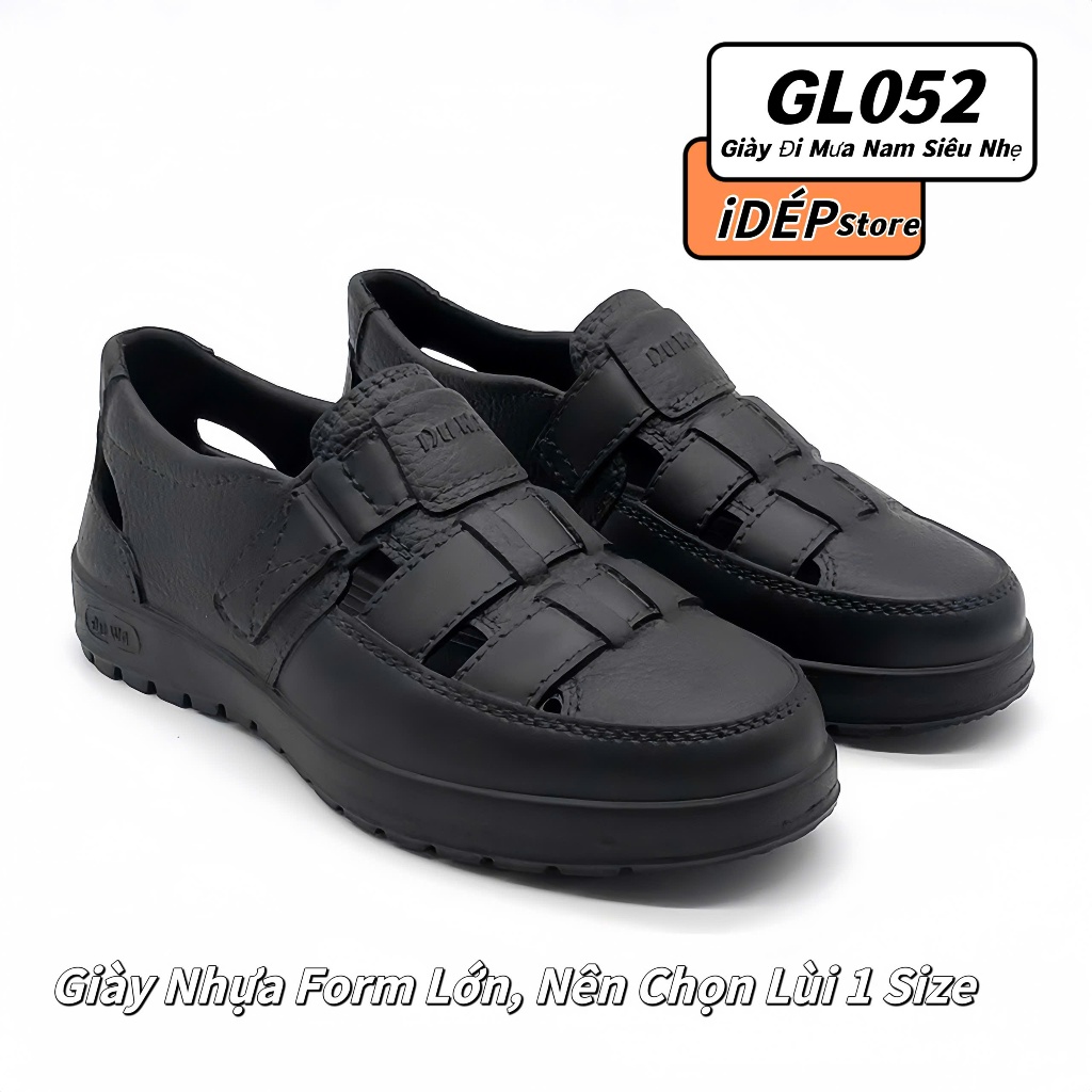 Giày nhựa lười Nam cao 3cm đi mưa đi làm (Lùi 1 Size) iDEP GL052 đúc nguyên khối siêu nhẹ chống nước