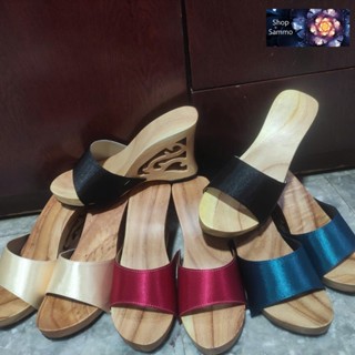 Guốc Gỗ Guốc Mộc Cao 10 Phân Đế Xuồng Quai Lụa Bảng Lớn ( đế cao su 2 lớp )