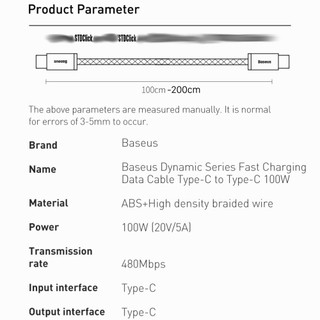 DÂY CÁP TYPE C TO TYPE C BASEUS DYNAMIC FAST CHARGING DATA 100W CHÍNH HÃNG