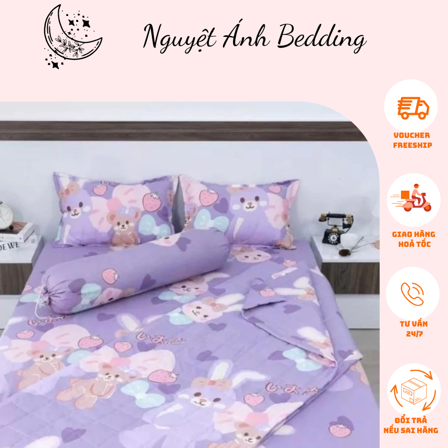 [Giá rẻ] 💞Bộ chăn hè trần bông ga gối 5 món poly cotton dành cho GĐ 💞hàng loại 1 - Thỏ Nơ Tím, Gấu d
