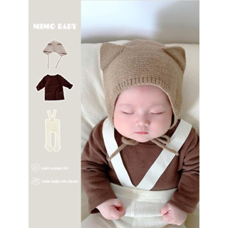 Bộ quần yếm áo dài tay kèm mũ len tai mèo phong cách Hàn Quốc mùa thu đông cho bé S8 Mimo Baby