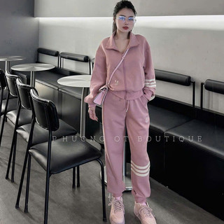  Set bộ thể thao nữ thu đông Das chất nỉ 2 da loại 1 áo dài tay khóa kéo mix với quần dài bo gấu 
