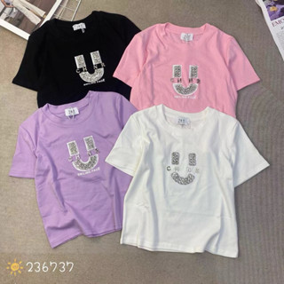 Áo thun croptop nữ tay ngắn cổ tròn cườm đá chữ U hàng Quảng Châu chất cotton, áo phông baby tee mùa hè xinh 236737