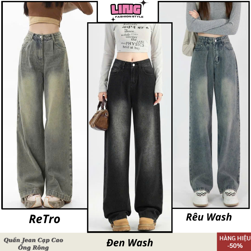 Quần jean ống rộng Retro nữ LINGSHOP, quần bò nữ wash đen xám smoke dáng suông đứng style Vintage Ulzzang hàn quốc - J24