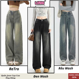 Quần jean ống rộng Retro nữ LINGSHOP, quần bò nữ wash đen xám smoke dáng suông đứng style Vintage Ulzzang hàn quốc - J24