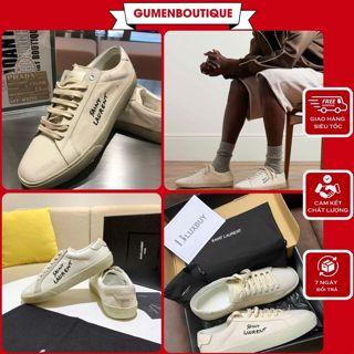 Giày Nam Saint laurent Y.S.L Màu Kem Chất Vải Canvas, Giày Thể Thao sneaker Nam Nữ Dệt Chữ wash rách phối viền