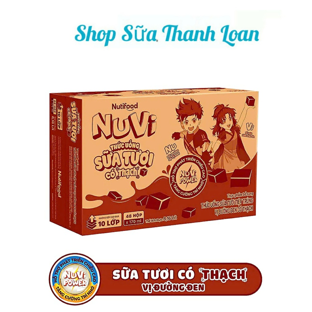 [HSD T5-2026] [Mẫu Mới] Thùng 48 Hộp NuVi Thức Uống Sữa Tươi Có Thạch Vị Đường Đen 100ml/ 170ml.