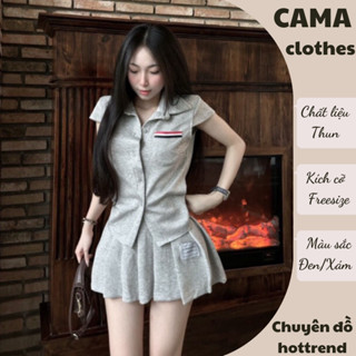 Set đồ nữ áo tay hến mix chân váy xếp ly Thom Cama Clothes, đồ bộ nữ dáng ngắn hai màu xám đen basic HCOM2644