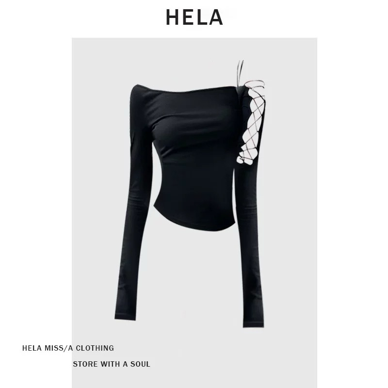 HELA Áo trễ vai ôm body dài tay tôn dáng, áo xinh thu đông