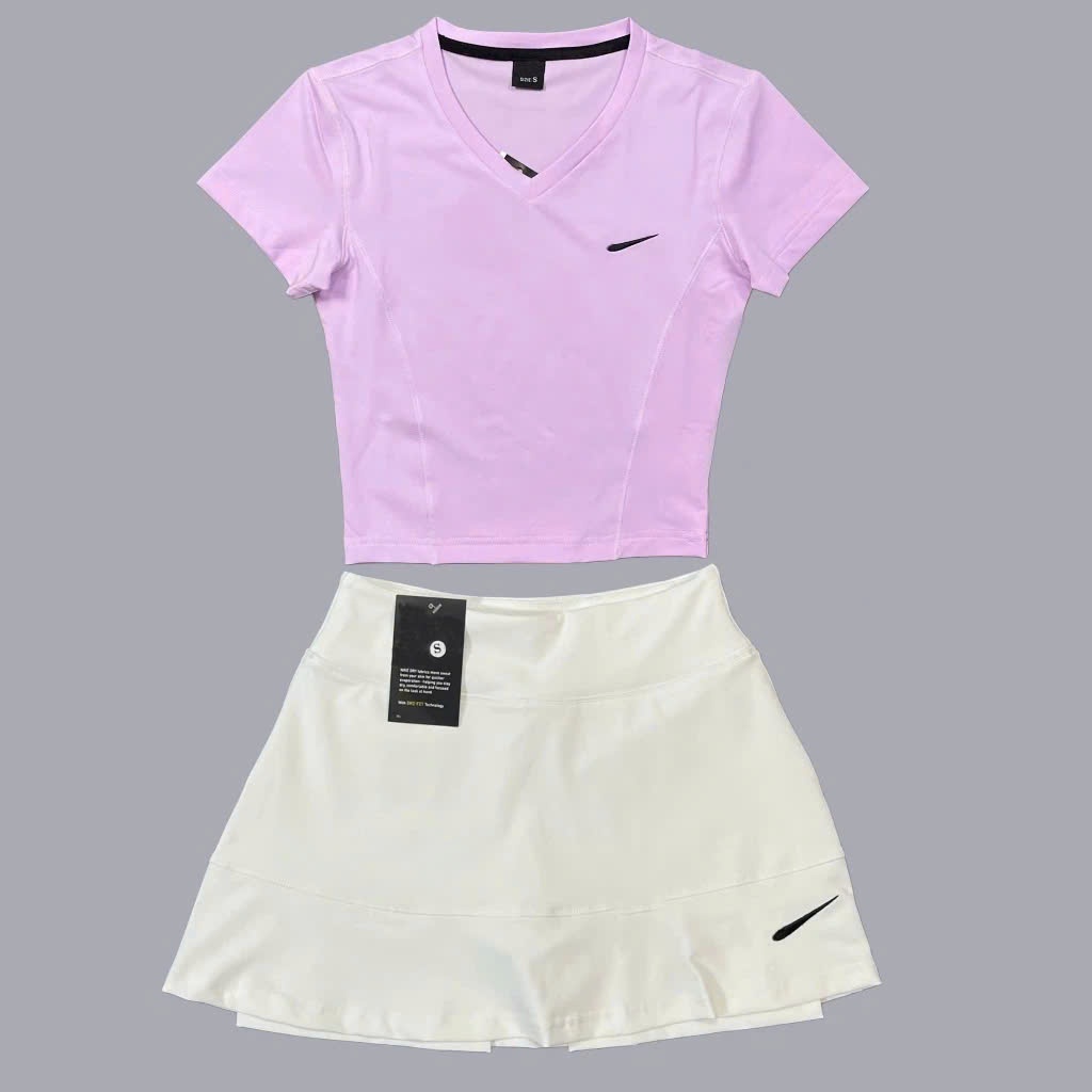 Bộ Váy Thể Thao 2 Lớp NK01 Kèm Áo Croptop Cổ Tim Logo NK Thêu Chơi Cầu Lông, Pickleball, Tennis, Golf