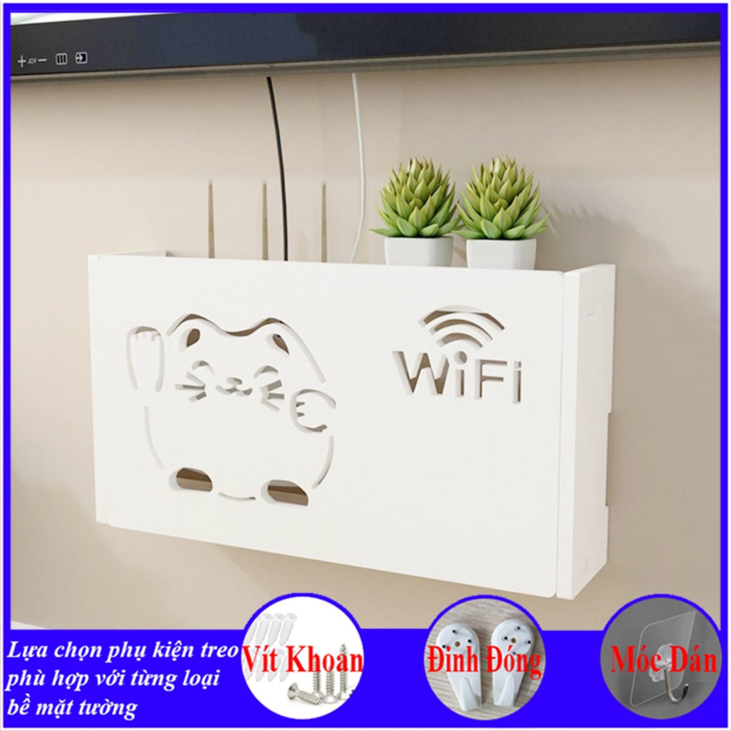 Hộp wifi treo tường không cần khoan. chất liệu gỗ Pitech cao cấp