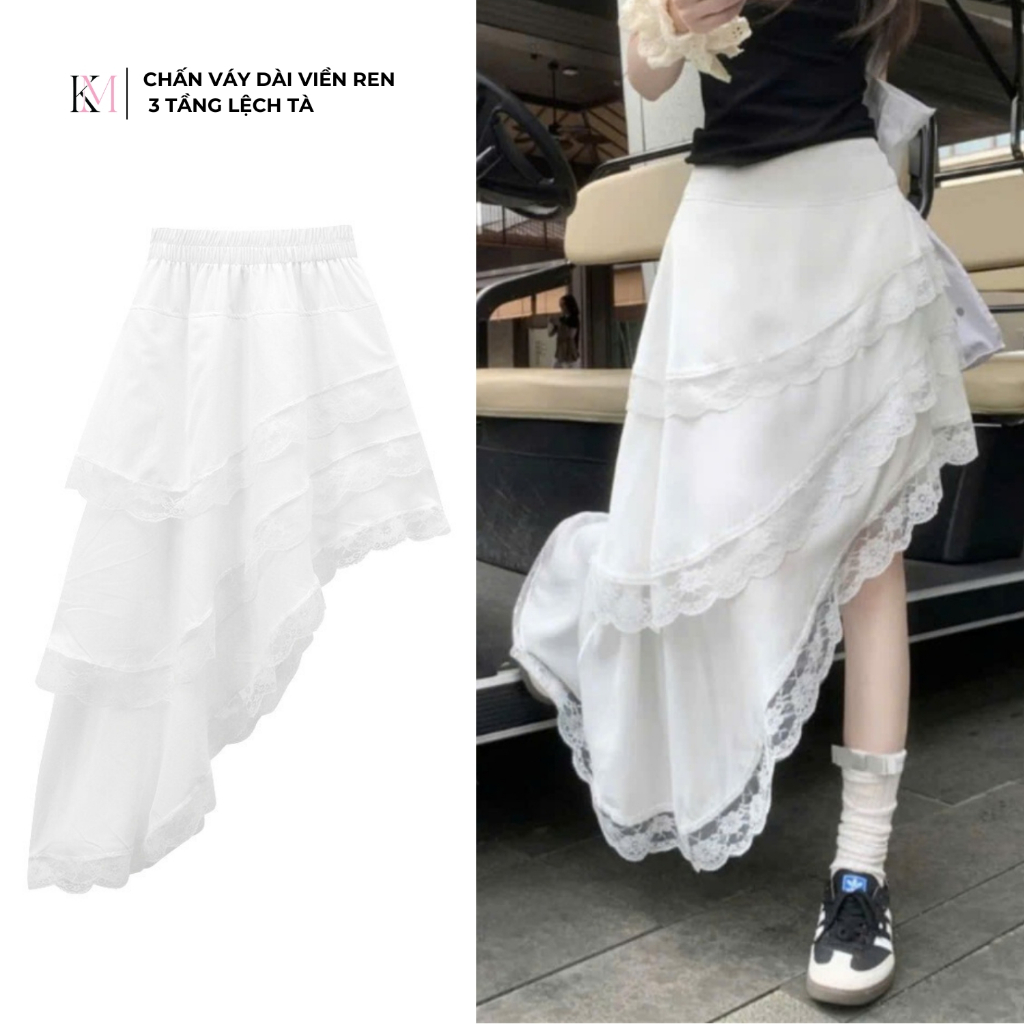 Chân váy dài phối viền ren ba tầng lệch tà cách điệu cho nữ,Chân váy đi biển, đi chơi đủ size từ 40-70kg - Mã CV02 | BigBuy360 - bigbuy360.vn