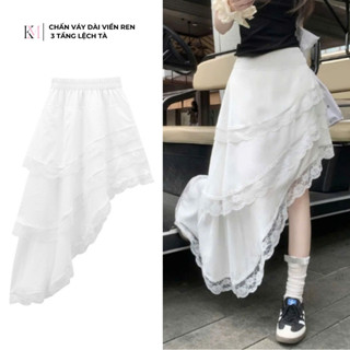 Chân váy dài phối viền ren ba tầng lệch tà cách điệu cho nữ,Chân váy đi biển, đi chơi đủ size từ 40-70kg - Mã CV02