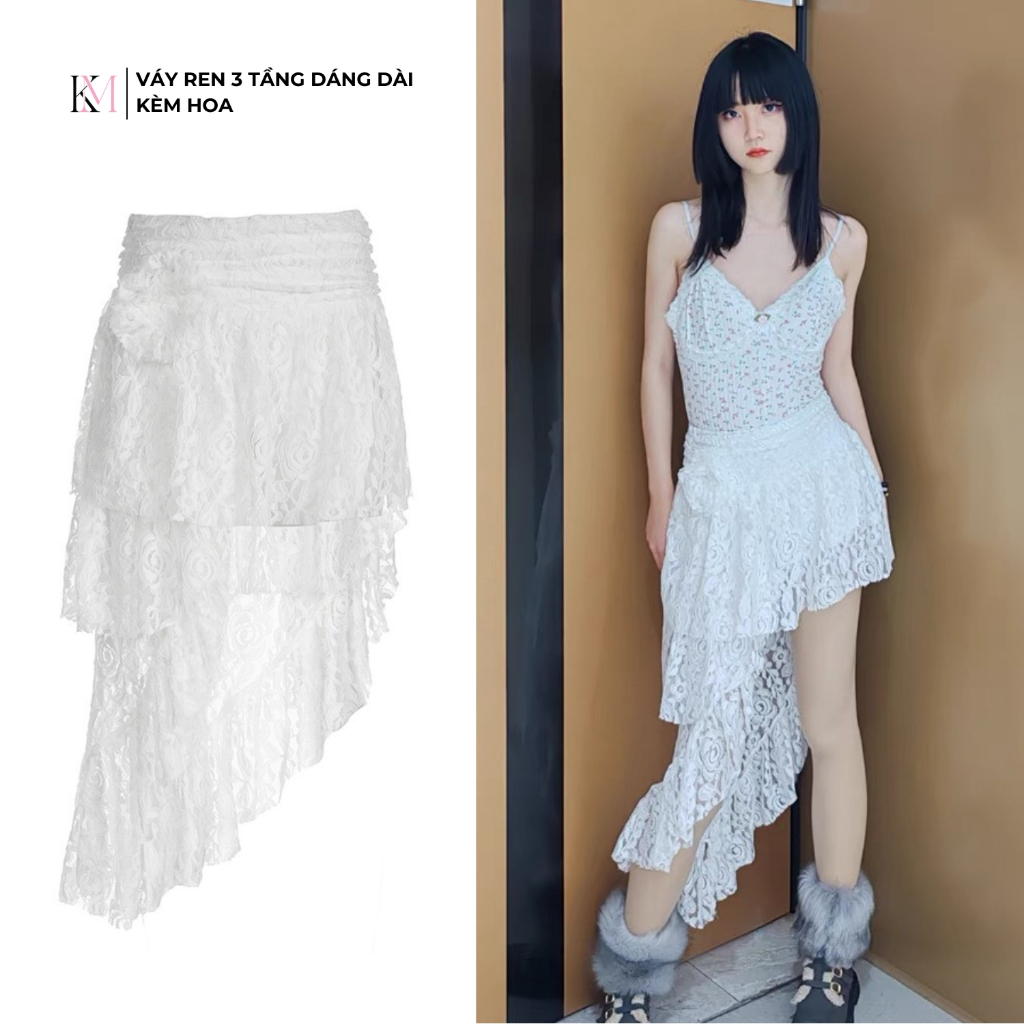 Váy ren tầng nữ dáng dài phong cách Pháp lãng mạn style kèm hoa, Váy ren đi biển,đi chơi size từ 40 - 70kg - Mã CV01 | BigBuy360 - bigbuy360.vn