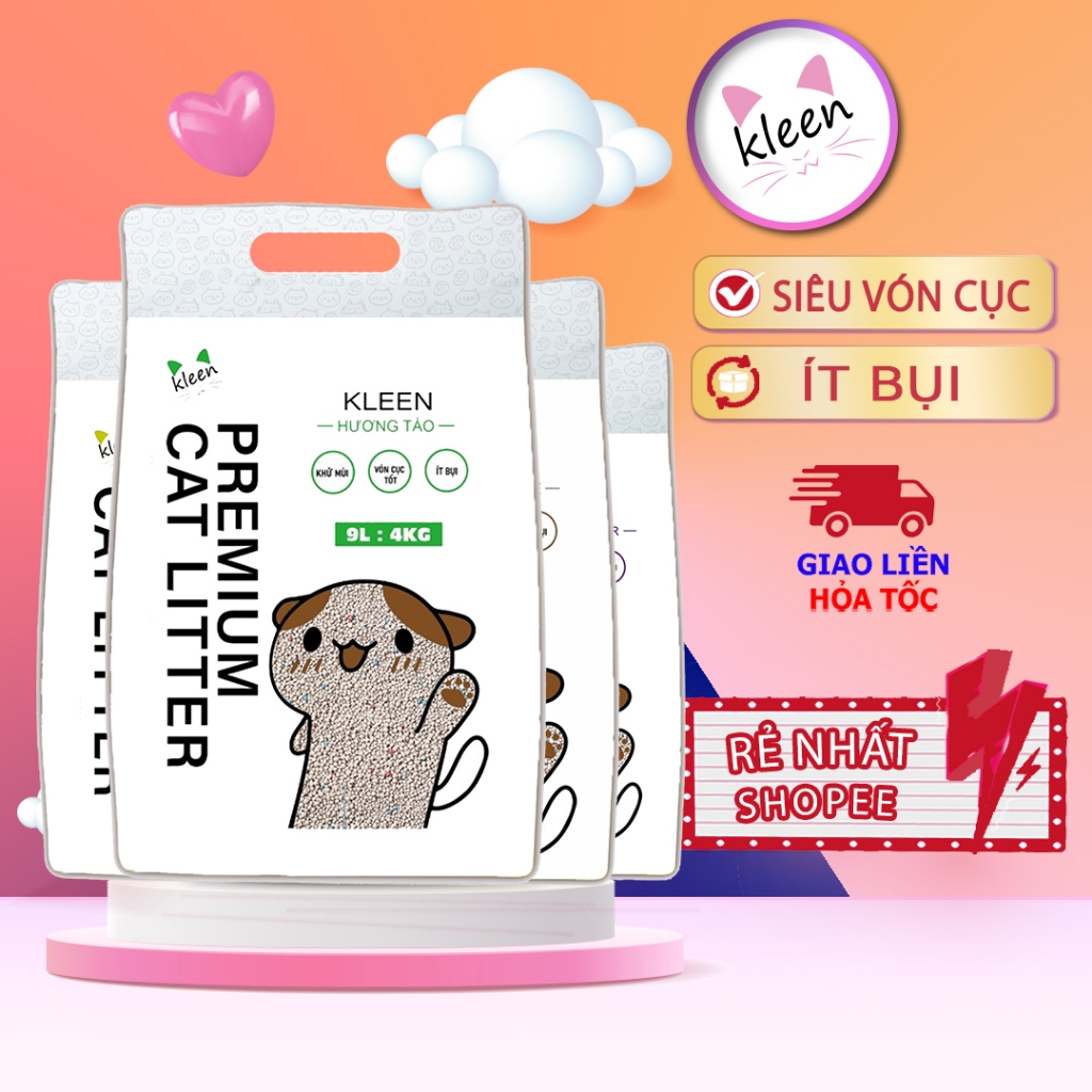 Combo 5-6 Túi Cát Vệ Sinh Cho Mèo Kleen Cat 9l, Cát Mèo Premium Cat Litter Vón Cục Tốt - kleencat9