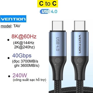 Dây USB4 (C to C) Vention truyền dữ liệu 40Gbps độ phân giải 8K@60Hz sạc PD 240W tương thích thunderbolt 4 (TAV)
