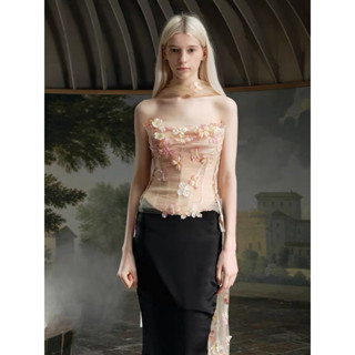 Áo corset voan cúp ngực đính hoa nổi thủ công Chân váy cao cấp ( hàng thiết kế )