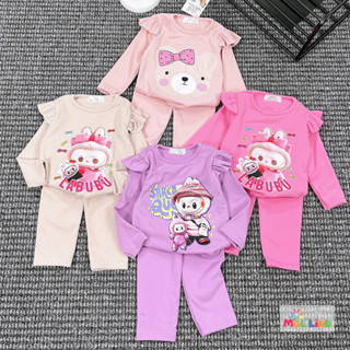 Đồ bộ dài tay bé gái vải zip lông Hàn dày dặn, Set đồ dài tay cho bé gái vai bèo in hình ngộ nghĩnh