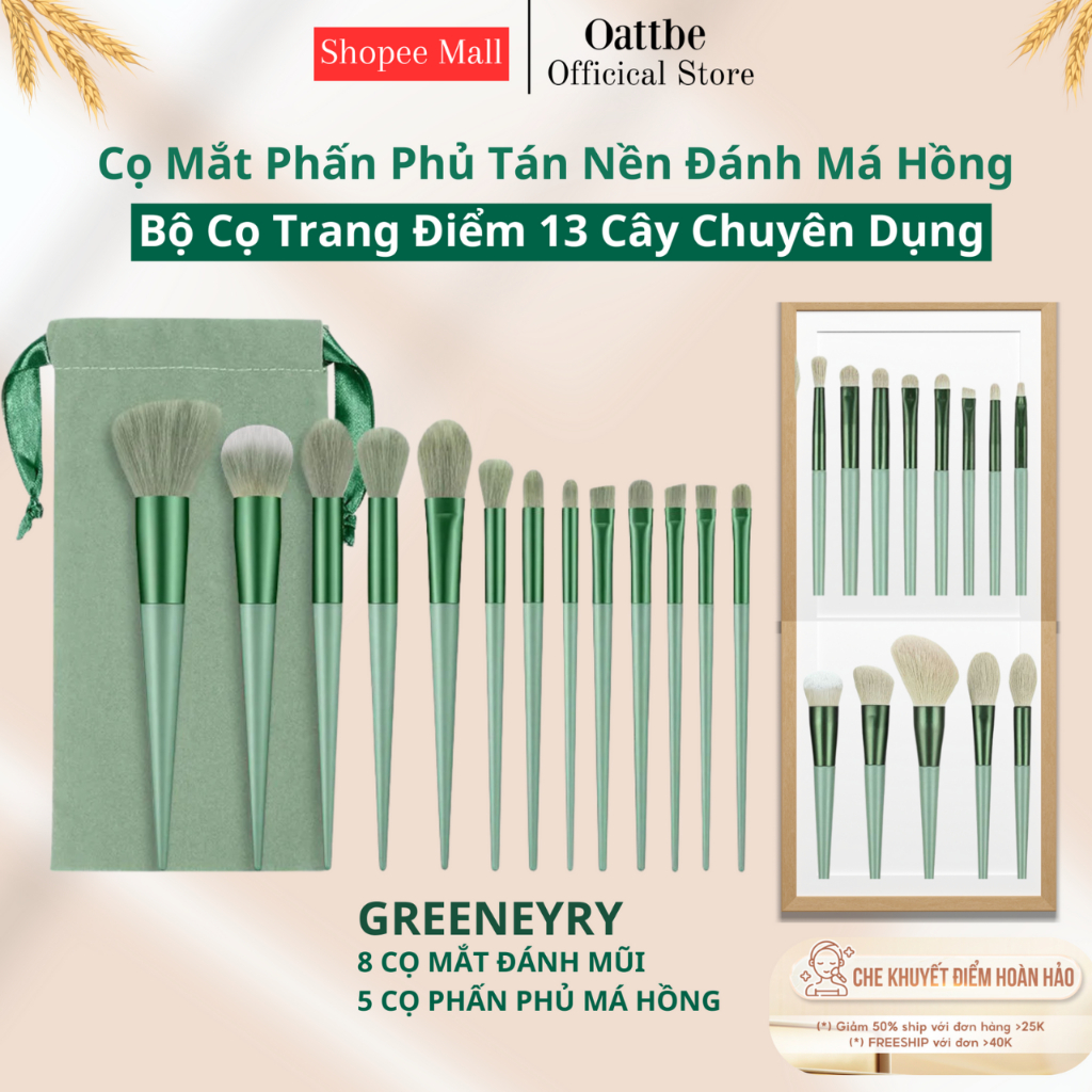 Bộ cọ 13 cây makeup trang điểm cọ phấn phủ tán nền má hồng cọ kẻ mắt phấn mũi kèm túi vải