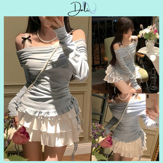  Set Tiểu Thư 2 Món Gồm Áo Trễ Vai Dài Tay Rút Dây Eo + Chân Váy Xoè 3 Tầng Có Quần Trong 