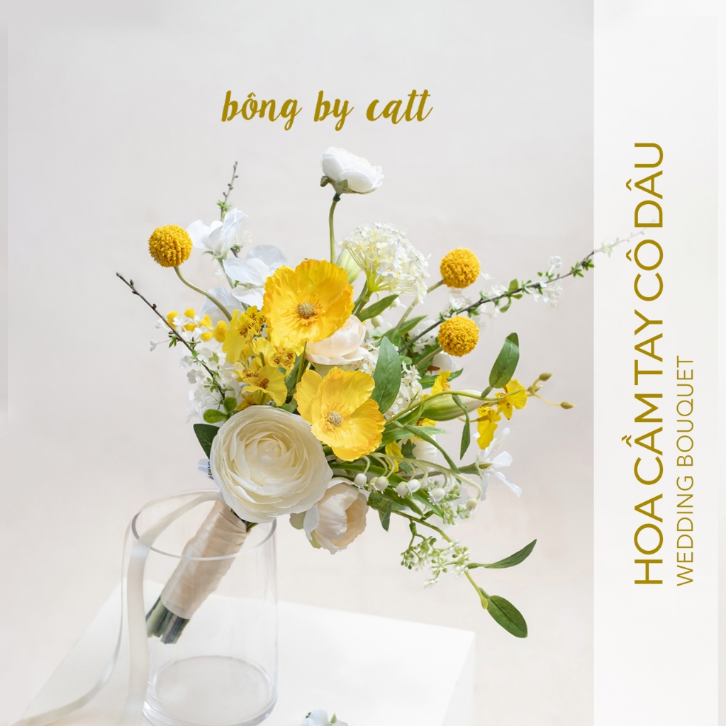 Hoa cưới lụa cầm tay cô dâu tone VÀNG - Bó hoa cưới cầm tay cô dâu - Bông cưới cầm tay cô dâu Hoa lụ