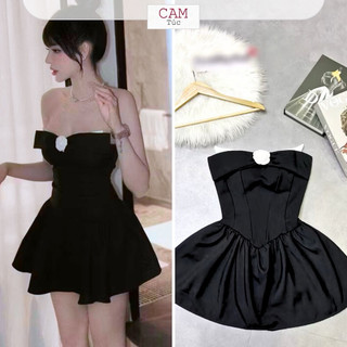 Đầm Ống Xoè, Đầm Cúp Ngực, Đầm Babydoll Cúp Ngực, Đầm Ngắn Dự Tiệc Đính Hoa Trà Đen Cho Nữ